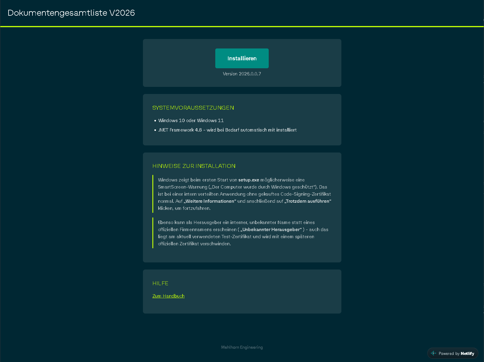 Installationsseite mit Installieren-Schaltfläche, Systemvoraussetzungen und Hinweisen